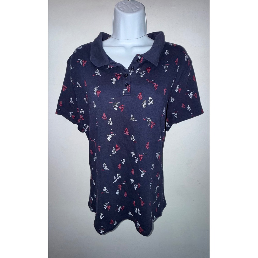 Karen Scott Mens XL Navy Blue Sailboat Print Short Sleeve Polo Shirt Nautical